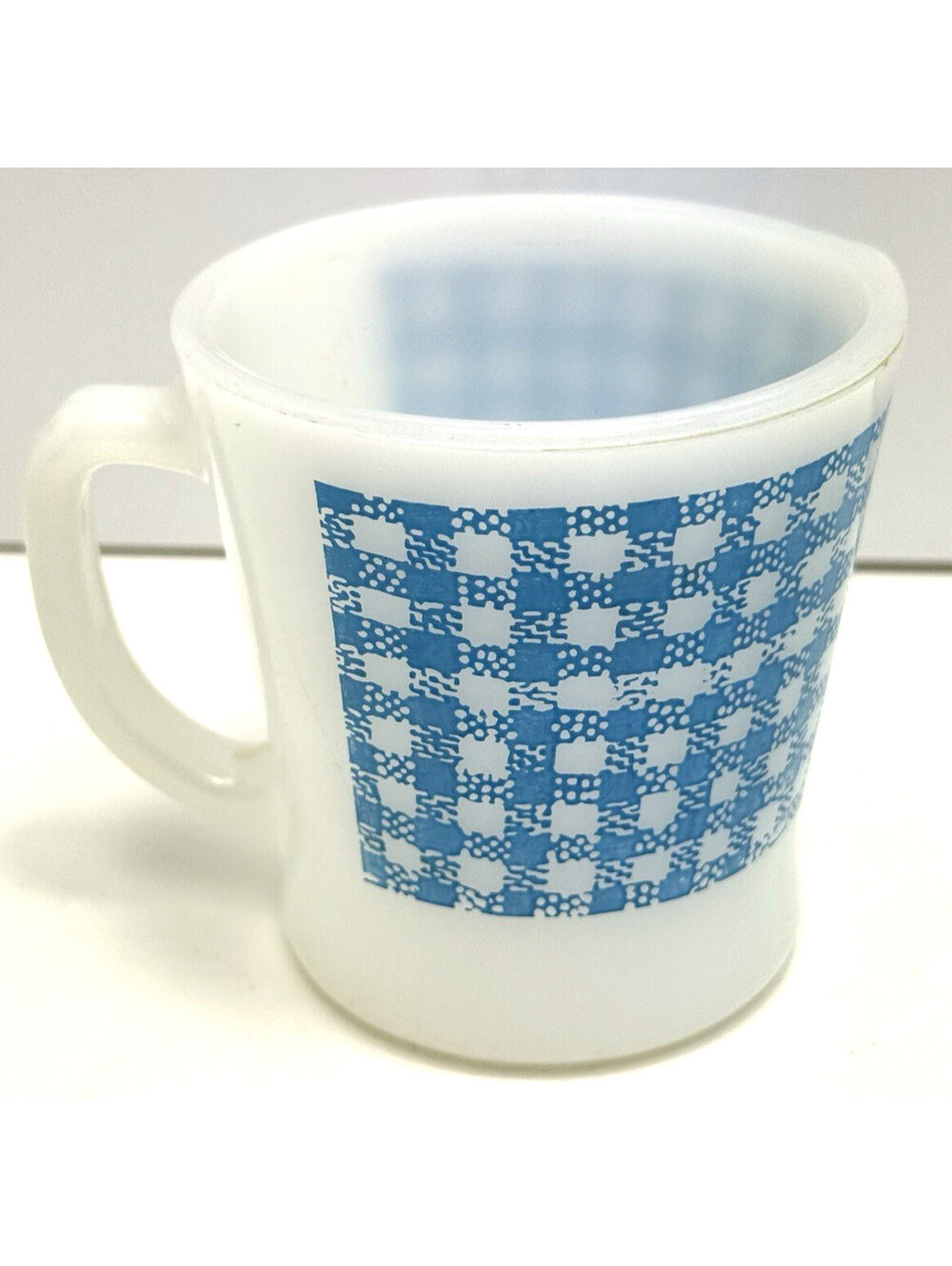 Vtg Fire King Blue Gingham Plaid Milk Glass Coffee D Mug Retro